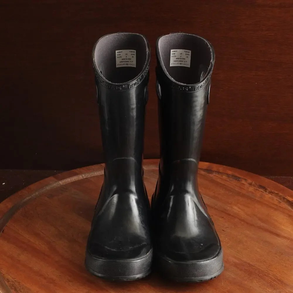 Bogs Rain Boots Youth Size 2 Black Waterproof Pull On Chore Outdoor Utility Flat